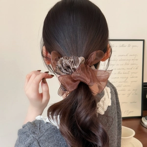 Elegant brown organza scrunchie with double layer bow and sparkling rhinestones