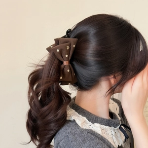 French vintage style brown polka dot bow hair clip with golden pendant for ponytail