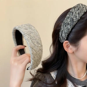 French Elegant Tweed Wide Headband For Women Padded Thick Hairband With Metallic Thread Retro Plaid Hair Accessories