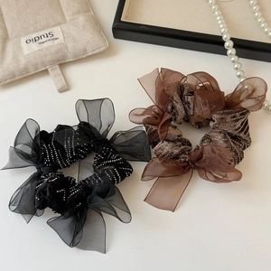 Exquisite mesh bow hair scrunchies in black and brown with sparkling diamond accents