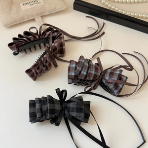 Vintage plaid ribbon bow banana hair clips in red, blue, and grey for high ponytails
