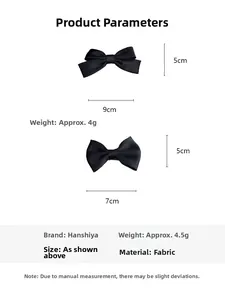 Detailed dimensions of black fabric bow hair clips with measurement specifications
