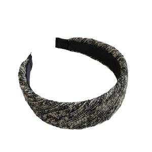 Elegant black and white tweed wide headband with silver silk threads for women