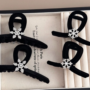 Elegant black velvet claw clip with rhinestone snowflake and pearl design for women