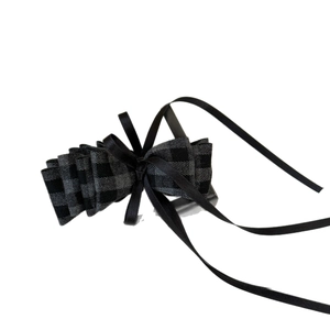 Vintage black and grey plaid ribbon banana hair clip with elegant long bow streamers