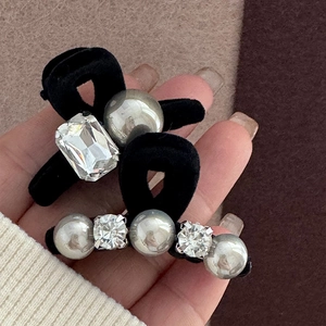 Elegant black velvet bow hair clips with grey pearls and rhinestones for women