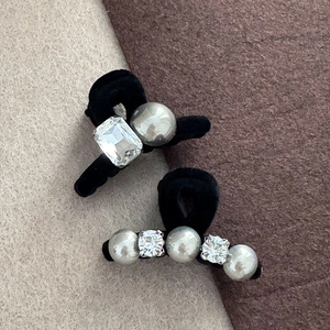 Elegant black velvet mini hair clips set with grey pearls and faceted crystals