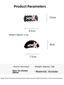 Dimensioni dettagliate e peso per fermagli in acetato con nastri rosa e fiocchi decorativi