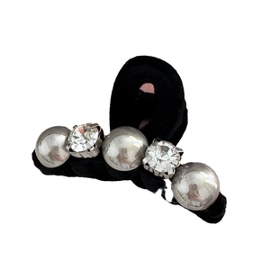 Elegant black velvet hair claw clip with silver beads and sparkling rhinestones