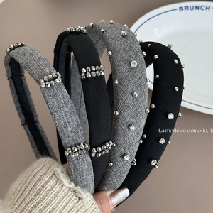 Korean Style Elegant Fabric Headband With Rhinestones Rivets Beads High Head Crown Handmade Hair Band For Women Hair Accessories