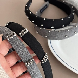 Thick retro headband with handmade silver beads on textured fabric for high skull top look