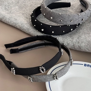 Minimalist black fabric headband with sparkling crystal beads and rhinestones for women