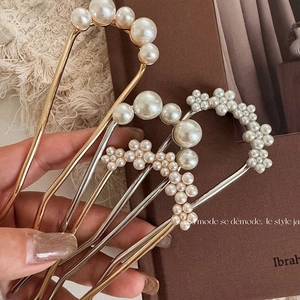 French Style Elegant U-Shape Alloy Hair Stick With Imitation Artificial Pearls Rhinestone Hairpin Vintage Hair Accessories For Women