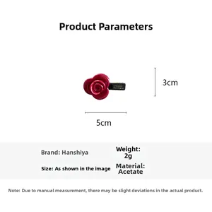 Detailed spec view of a 2g acetate red rose hair clip measuring 5cm x 3cm in size