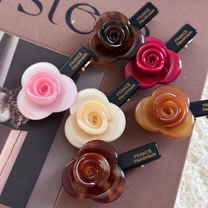 Elegant French acetate 3D rose flower hair clips in six colors with gold handmade logo