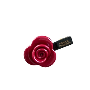 Elegant 3D red rose acetate hair clip with gold France Handmade lettering on black base