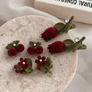 Vintage Flocking Cherry Flower Tulip Hair Clips For Women Red Green Alloy Mini Hair Claw With Artificial Pearl Rhinestone Hair Accessories