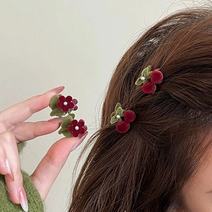Velvet cherry and flower hair clips with pearls and green leaf accents for women