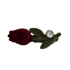 Elegant red flocked tulip hair clip with green leaves and sparkling crystal accent