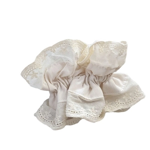 French vintage cream double-layer lace scrunchie with elegant embroidered floral details