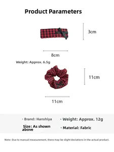 Detail view of red houndstooth bow hair clip and scrunchie set with size dimensions