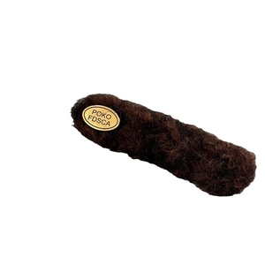 Fuzzy coffee brown hair clip with plush texture and elegant oval gold metal brand label