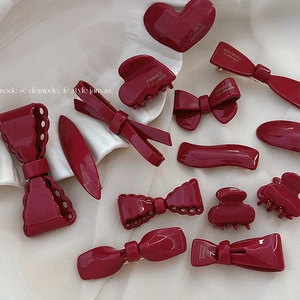 Barrette Nœud Rouge Vin Festif Rétro Français Brillant Pince à Bec de Canard Cœur Pince à Cheveux Doux Accessoires Cheveux Nouvel An Femme