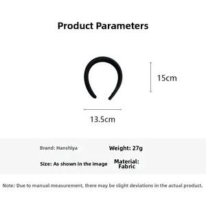 Detailed view of black fabric padded headband showing 13.5cm width and 15cm height dimensions