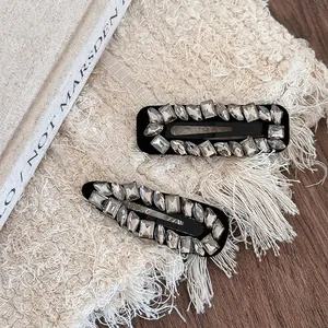 Elegant Rhinestone Hair Clip Set For Women Korean Style Geometric Water Drop Rectangle Black Base Side Pin Hair Accessories