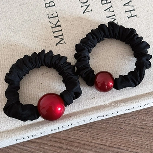 New Year Red Bead Black Fabric Scrunchies Elastic Hair Tie Ponytail Holder Simple Korean Style Hair Accessories For Women