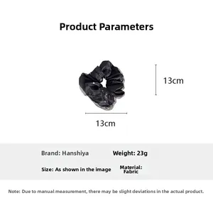 Detailed view of the 13cm black mesh fabric scrunchie with pearls and size specifications