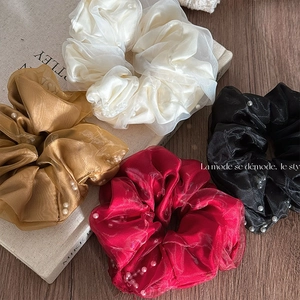 Elegant Mesh Organza Scrunchies Artificial Pearl Hair Ties Double Layer Elastic Fabric Ponytail Holders For Women Girls Hair Accessories