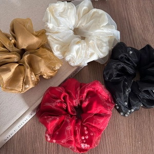 Elegant organza oversized hair scrunchies with white pearl beads in four classic colors