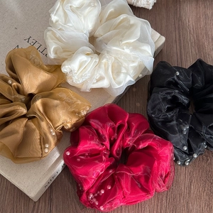 Elegant four-color organza scrunchie set with white pearls for ponytail hair ties