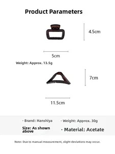 Detail showing two sizes of brown acetate hair claws with precise measurements and weight