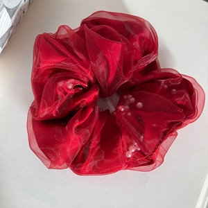 Elegant wine red organza hair scrunchie with layered pearls for women ponytail