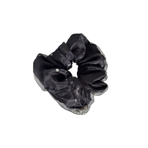 Elegant double-layered black mesh hair scrunchie with faux pearls for women's hairstyles