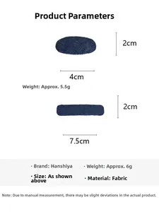 Detailed size and weight specs for blue denim geometric hair clips on white background