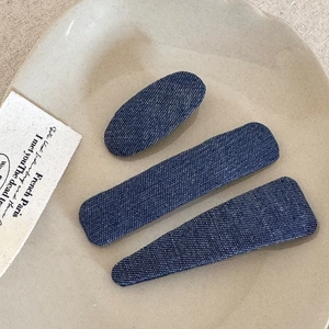Vintage navy denim fabric hair clip set with oval and rectangle geometric shapes