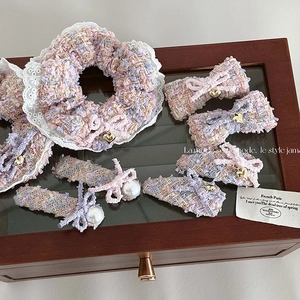 Elegante Tweed Schleife Haarspange Haargummi Rosa Lila Spitze Herzanhänger Künstliche Perle Süßer Modeschmuck Für Damen