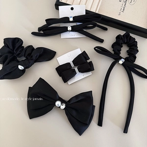Elegant Black Satin Bow Hair Clip With Rhinestone Artificial Pearl French Vintage Hairpin Ribbon Scrunchies For Women Hair Accessories