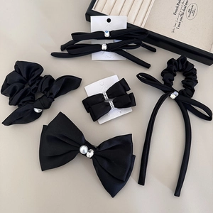 French style black satin bow hair clip set with rhinestones and white pearls