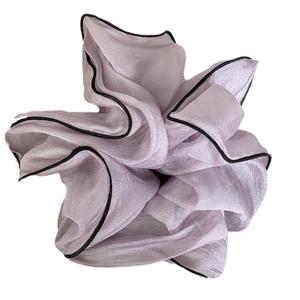 Elegant purple organza flower hair scrunchie with delicate black stitched edging