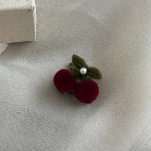 French vintage cherry hair clip with red velvet fruits, green leaves, and pearl accent