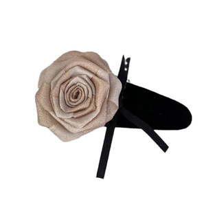 Elegant champagne silk rose flower hair clip with black ribbon for women's hair styling