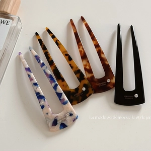 French Vintage Acetate U Shaped Hair Fork Leopard Marble Hair Sticks Elegant Rhinestone Chignon Hair Pins Women Styling