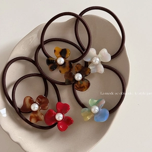 French Vintage Acetate Flower Hair Ties Elastic Scrunchies Imitation Artificial Pearl Elegant Ponytail Holder For Women Accessories