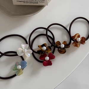 6pcs vintage acetate flower hair ties with pearls in shell and tortoiseshell patterns