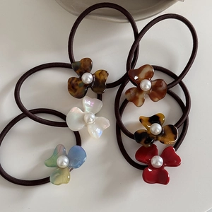 Set of 6 French vintage acetate flower hair ties with elegant faux pearls in assorted colors