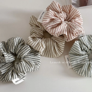 Korean Style Striped Seersucker Scrunchies Pleated Large Hair Ties With Handmade Tag Vintage Fabric Hair Rope For Women